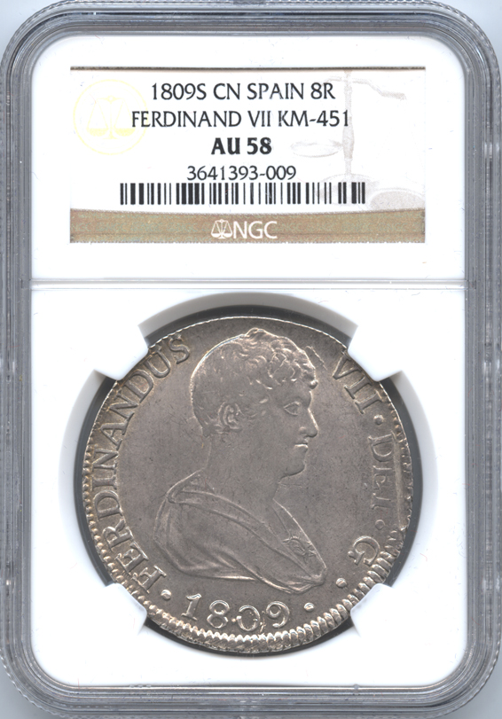 スペイン 8レアル銀貨 1809 フェルナンド7世(1808-1833) NGC-AU58 