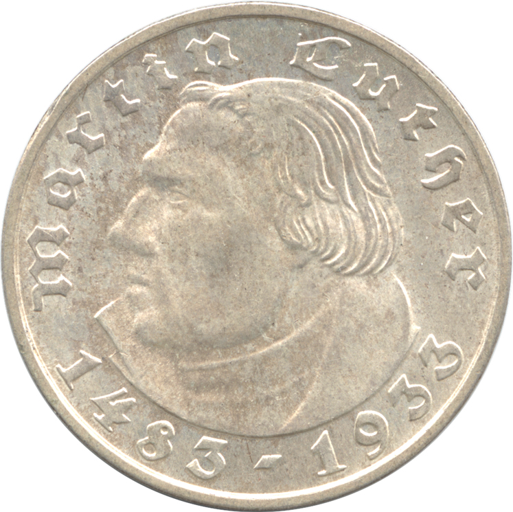 ドイツ 第三帝国 2マルク銀貨 1933(F) ルター生誕450年記念 完全未使用