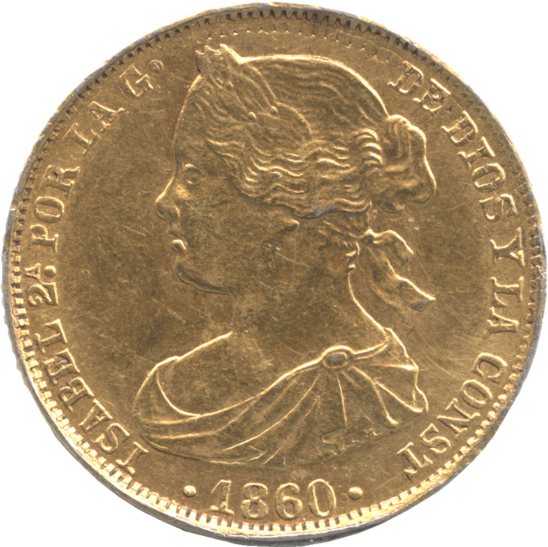 スペイン 100レアルプラチナ貨(金メッキ) 1860 イザベラ2世(1833-1868
