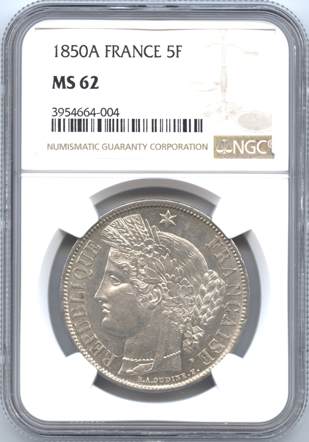 フランス 第二共和政 5フラン銀貨 1850(A) セレス NGC-MS62 準未使用
