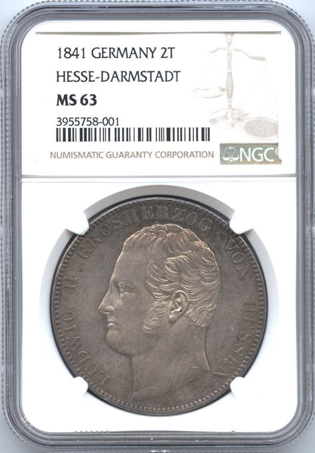 ドイツ ヘッセンダルムスタット 2ターレル銀貨 1841 ルードヴィヒ2世 